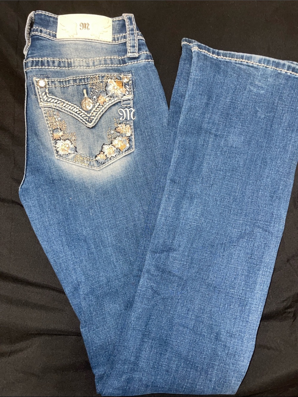 Miss Me Blue Bootcut Jeans with Embroidered Floral Pockets